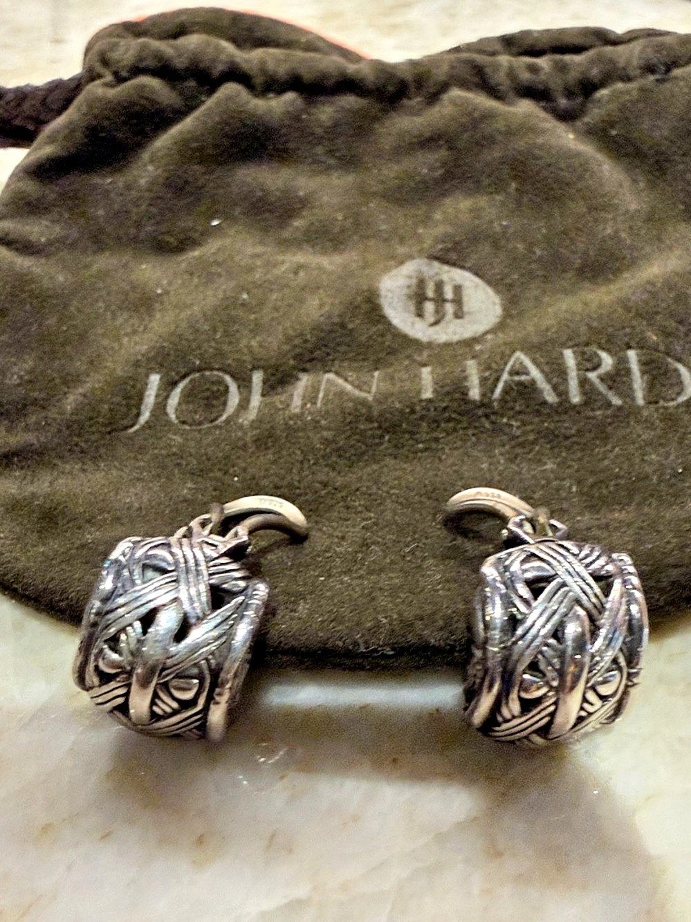 John Hardy Basket Weave Earclips Textured Silver Earrings
